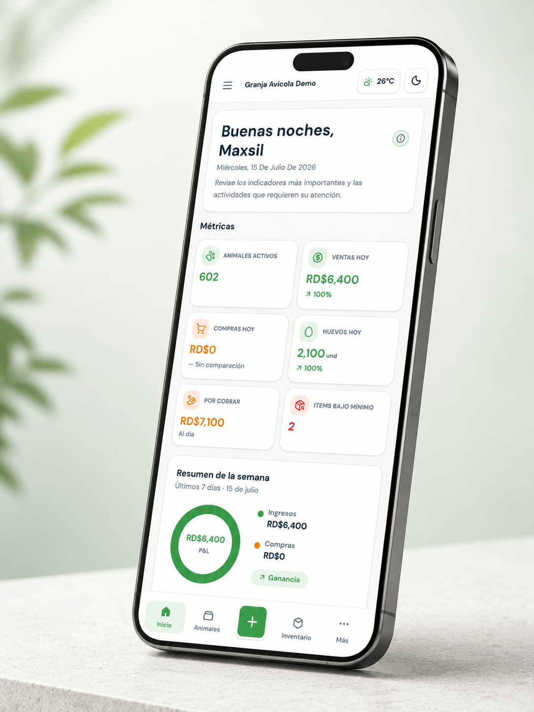 Dashboard móvil de AgroXil con métricas del día y resumen semanal